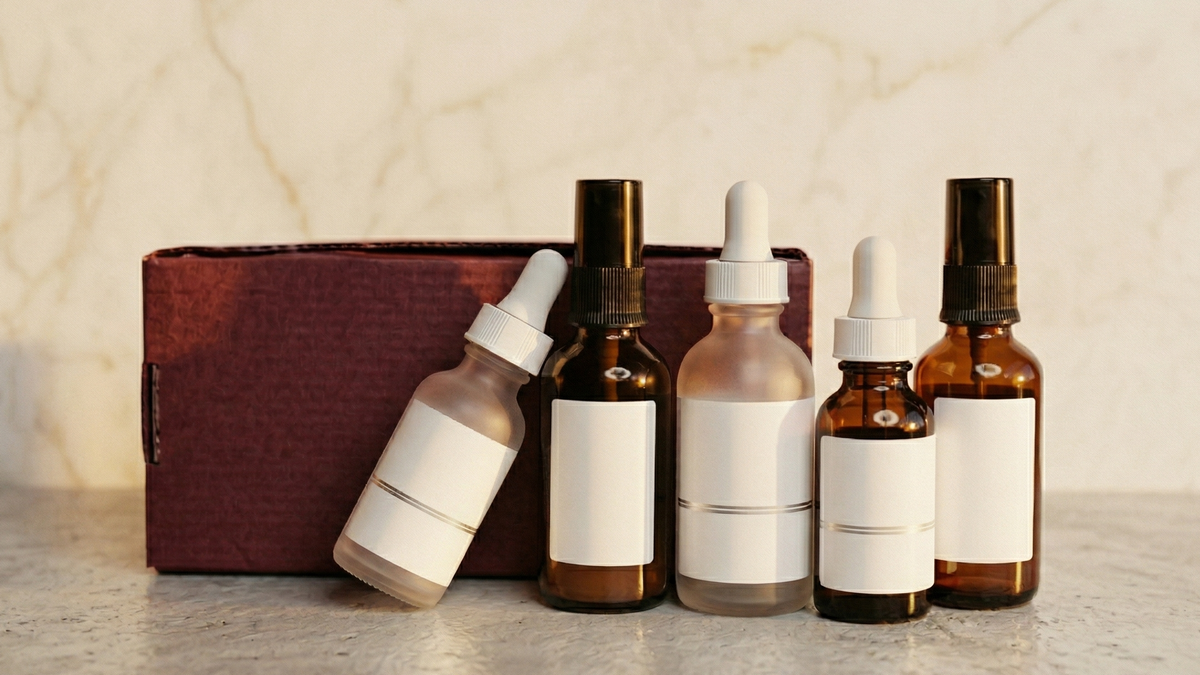 Set of brown bottles with droppers on a marble surface