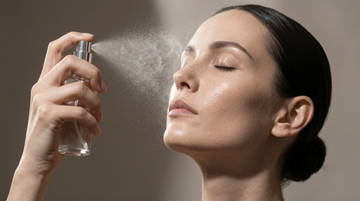 A woman with closed eyes applies a fine mist from a clear spray bottle to her face against a warm beige background.