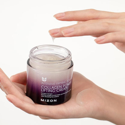 Mizon collagen eye lifting cream jar with a hand applying cream on a white background