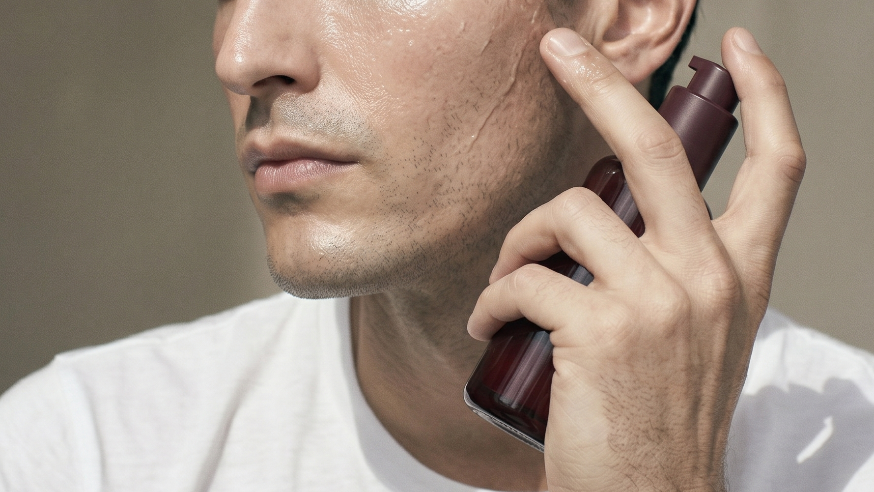 A man with a clean, dewy complexion holds a dark burgundy cylindrical skincare bottle to his ear, wearing a white t-shirt against a neutral beige background.