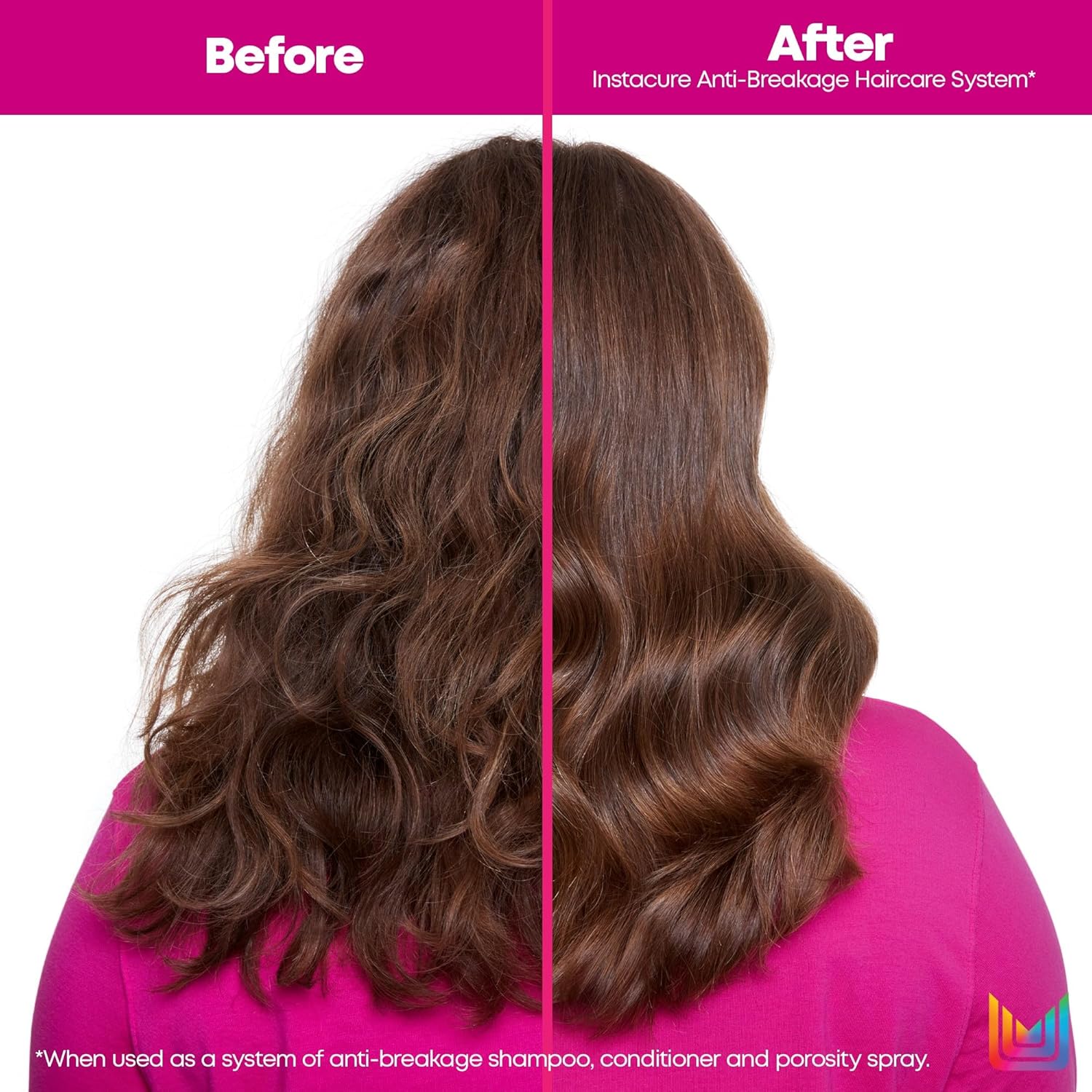 Before and after comparison of hair using an anti-breakage haircare system on a pink background.