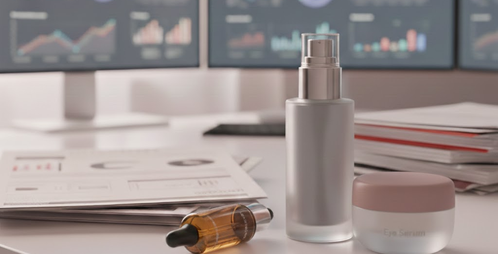 Skincare products on a desk with financial documents and computer monitors in the background